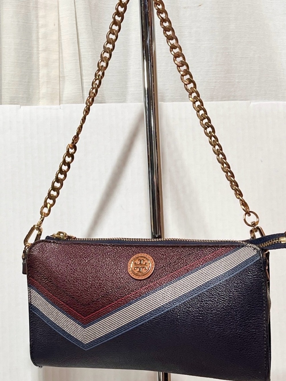 Tory Burch Navy And Burgundy Chevron Leather Shoulder Bag